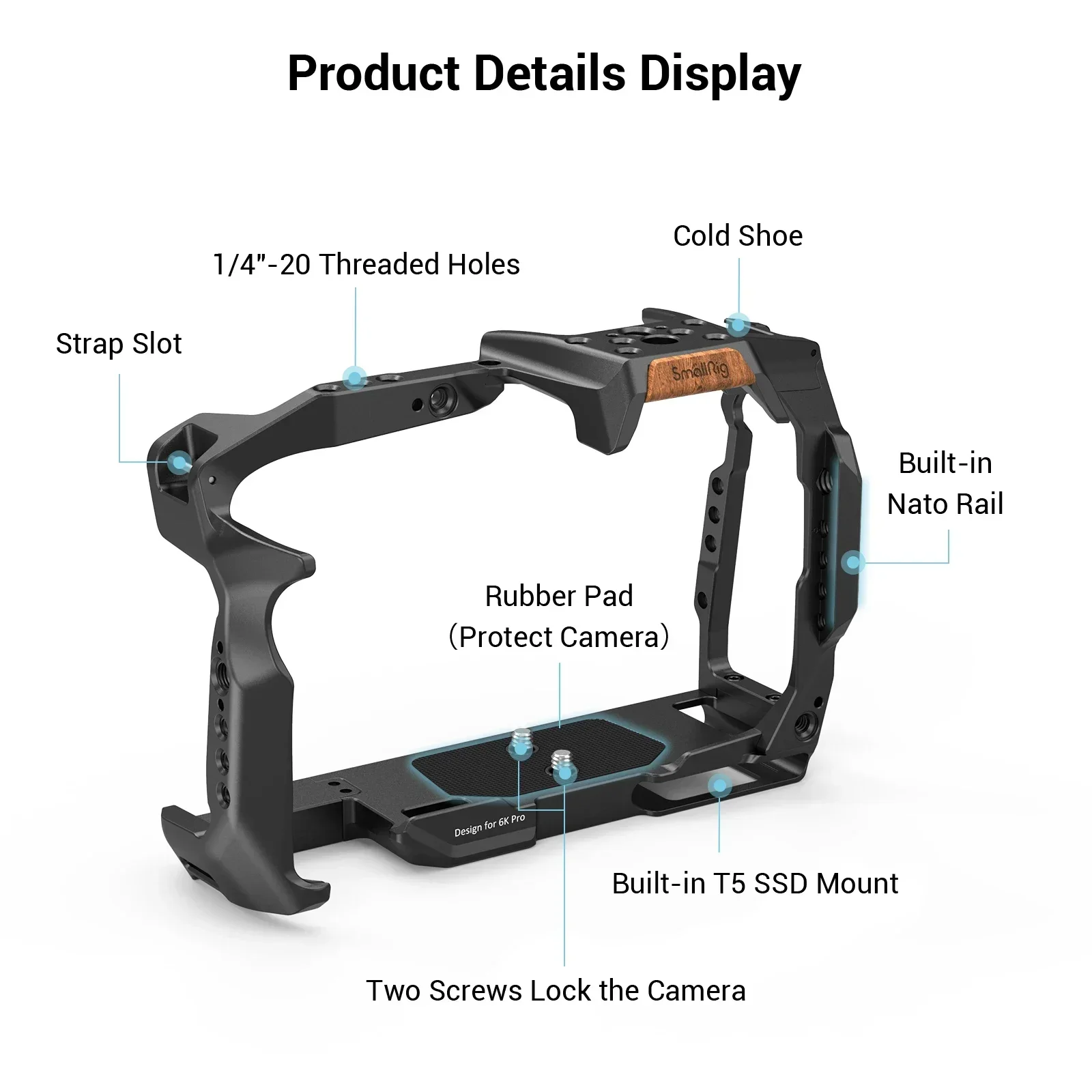 قفص كاميرا SmallRig 3270B مدمج في السكك الحديدية الناتو وحامل الحذاء البارد لقفص الكاميرا الكامل BMPCC 6K Pro DSLR