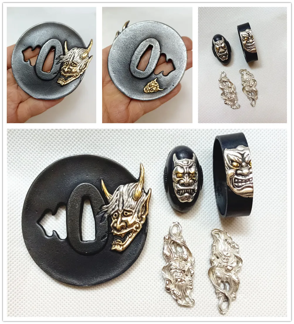 Wonderful Set Copper Fittings Tsuba Menuki Fuchi Kashira For Japanese Sword Samurai Katana Plated Gold & Silver Wakizashi DIY Ac