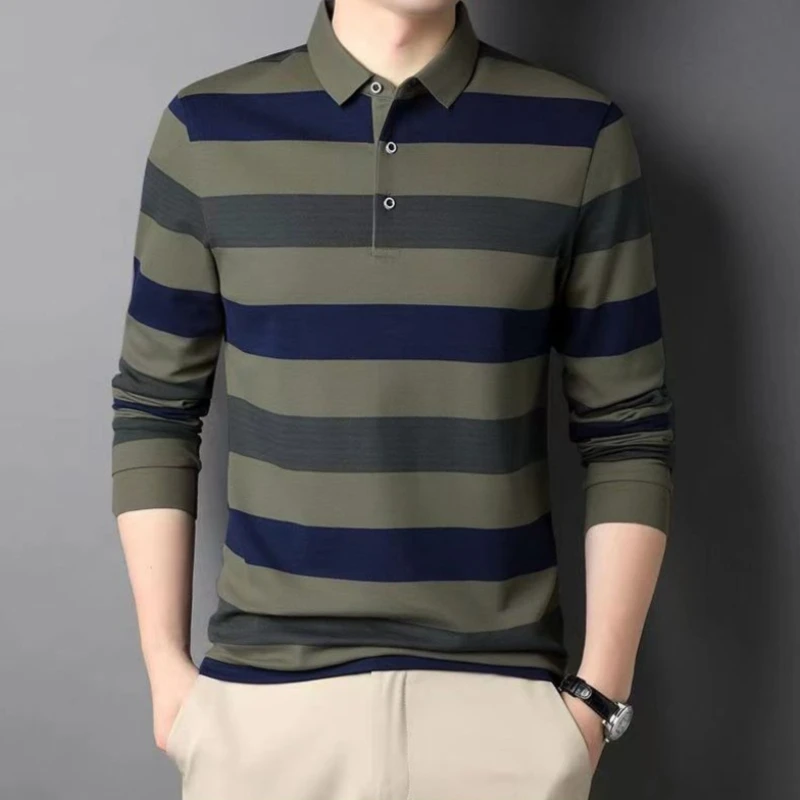 

Новая мужская рубашка-поло с длинным рукавом, классический полосатый дизайн, отложной воротник, свободный крой, деловой повседневный стиль для работы и выходных