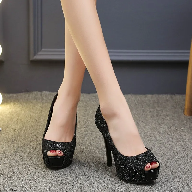 Wonen Pumps Thin Heels Fashion Peep Toe Platform Slip on Sequined Cloth Super High Heels Lady Party Shoes High Quality