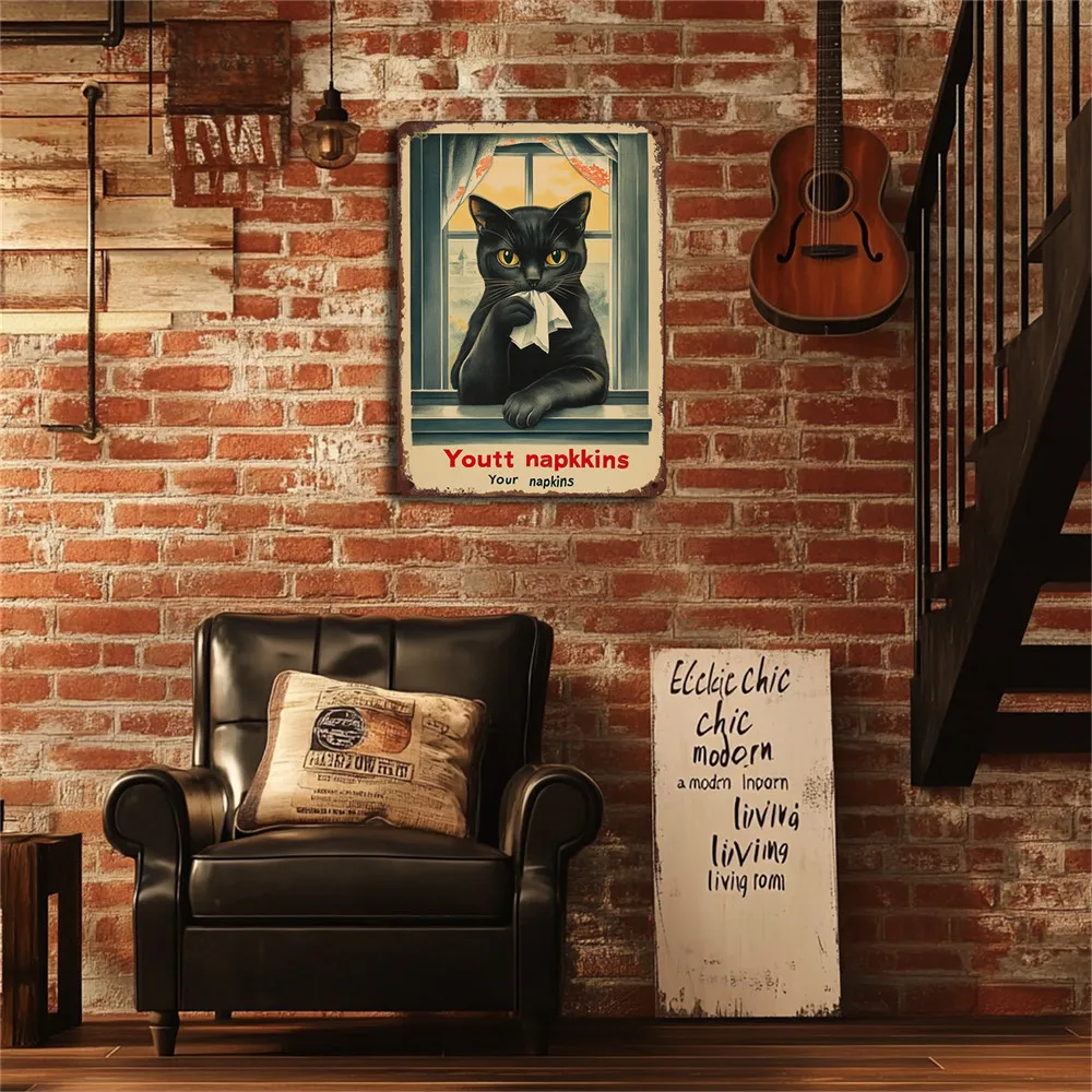 Panneau en fer chat noir rétro, art mural humoristique, 8x12 ans, adapté à la cuisine 73 et à la décoration de la chambre, serviettes Youtt, 1 pièce