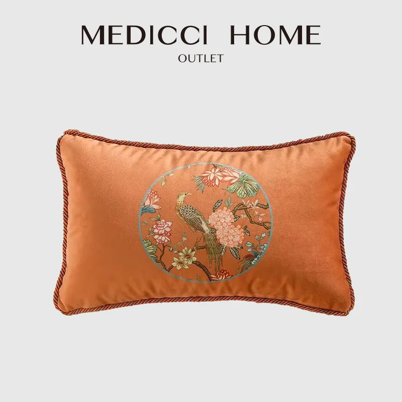 Medicci Home Oriental Art Cushion Cover Hydrangea Flower And Bird Print Accent Orange Velvet Luxury Lumbar Pillowcase 30x50cm