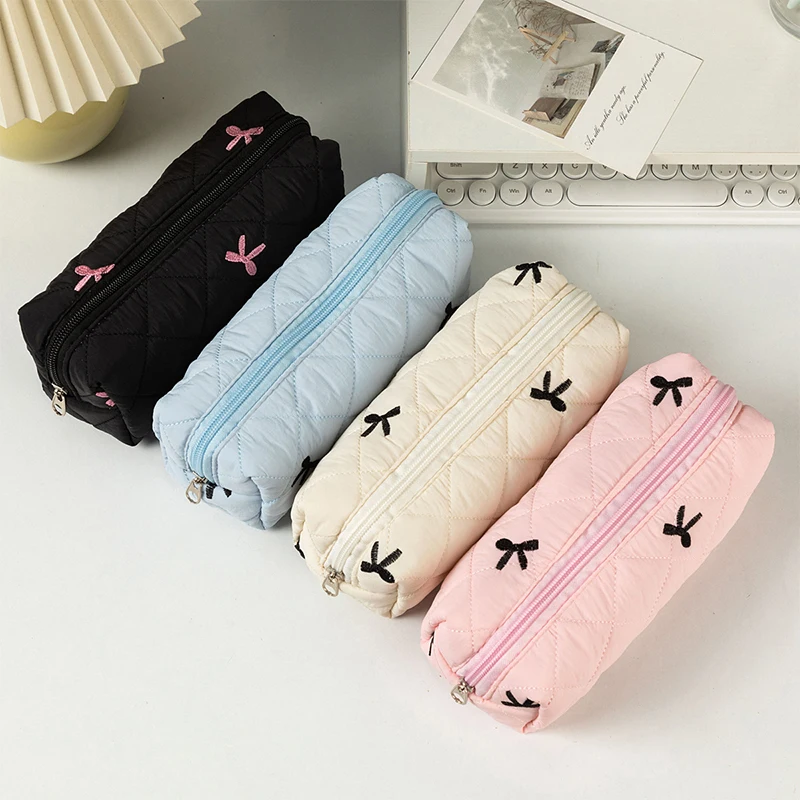 Simples bowknot grande capacidade saco de lápis ins estilo fresco acolchoado sacos de armazenamento estacionário para meninas maquiagem bolsa lápis caso