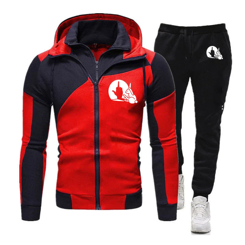 

Funny Rabbit 2025 Spring Autumn Mens Animal Bunny Lover Print Double Zipper Splicing Hooded Sweatshirt+Popular Sweatpants Suit
