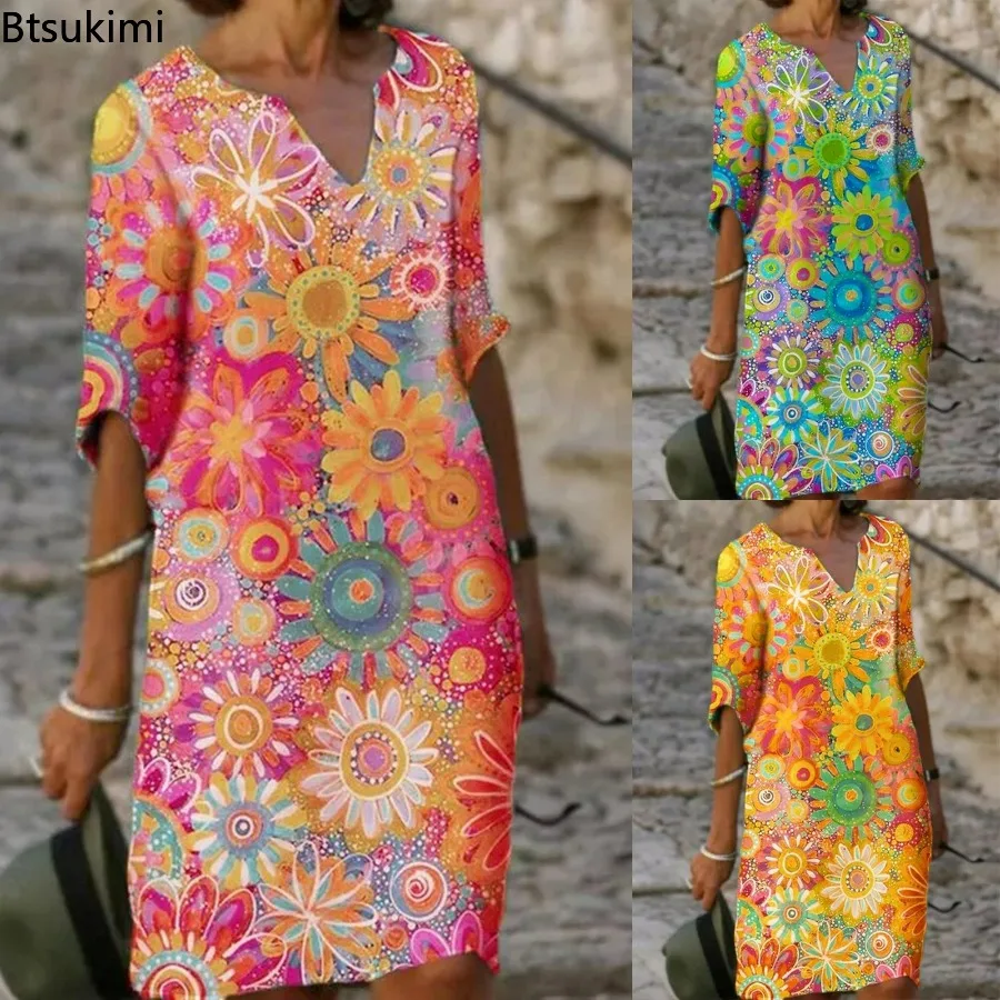 2024 Dames Zomer Casual Jurk Vintage Elegante Print V-Hals Halve Mouw A-Lijn Zonnejurk Mode Dames Losse Jurk Vestidos