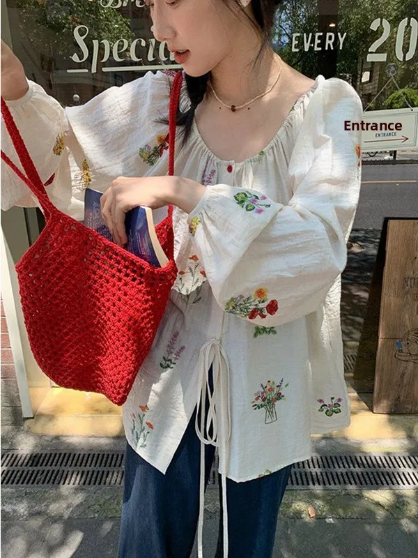 

plus Size Embroidered Floral Long Sleeve Shirt Women's Thin Casual Spring Summer Loose Fit Sun Protection Top for Heavy Girls