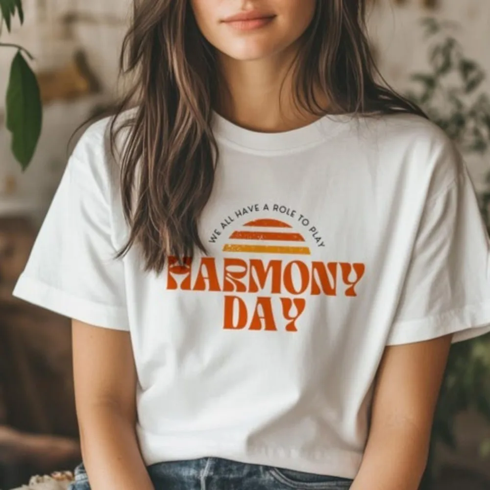 

Orange Harmony Day We All Have A Role To Play T-Shirt, Retro Sunset Print Casual Cotton Short Sleeve Top for Men Women