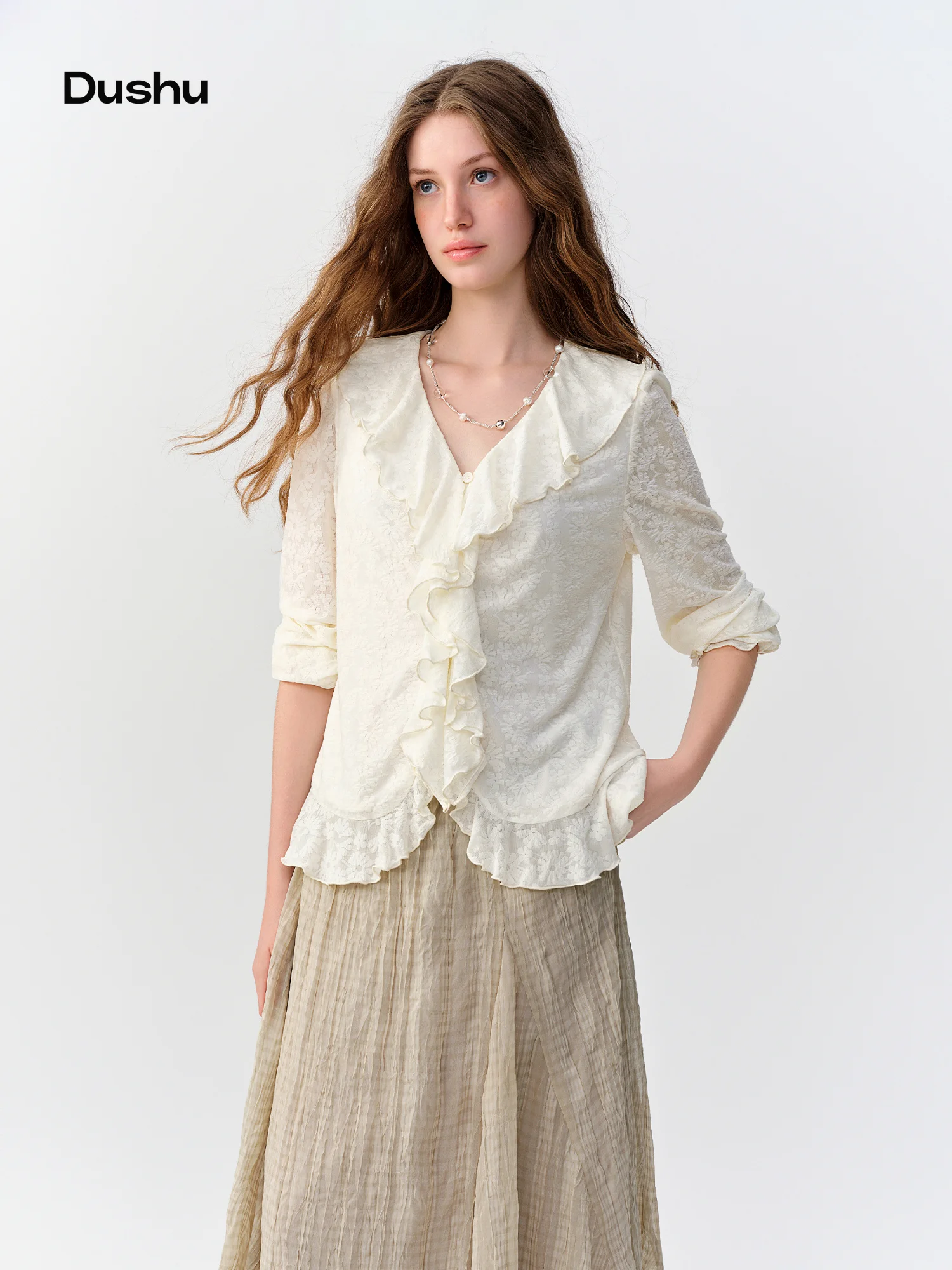 DUSHU 2026 Fall Women's Chic French-Inspired Lace Ruffle Trim Chiffon Blouse - Elegant Flattering Style for Everyday Wear