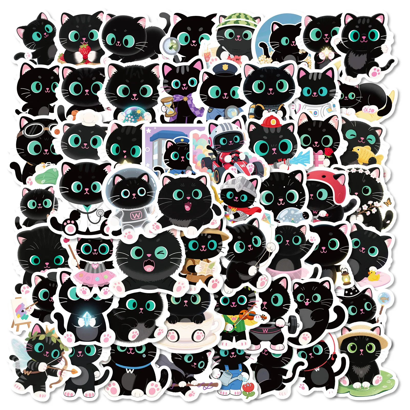 56 Stück süße große Augen, schwarze Katze, Graffiti-Aufkleber mit kreativen und interessanten Wasserbechern, dekorative Schreibwaren-Notizbuch-Aufkleber