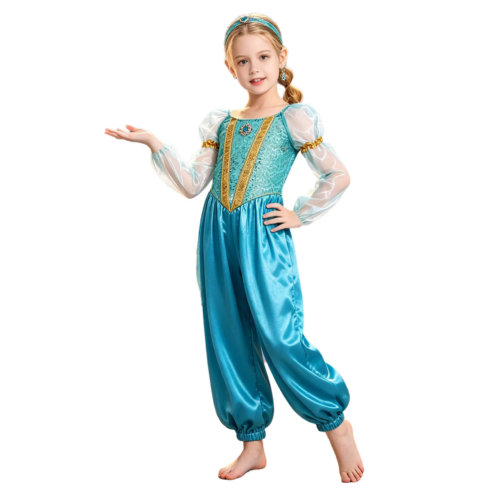Kids Girls Halloween Arabian Princess Costume Jumpsuit Sequin Tulle Long Puff Sleeves Leotards for Party Indian Belly Rompers