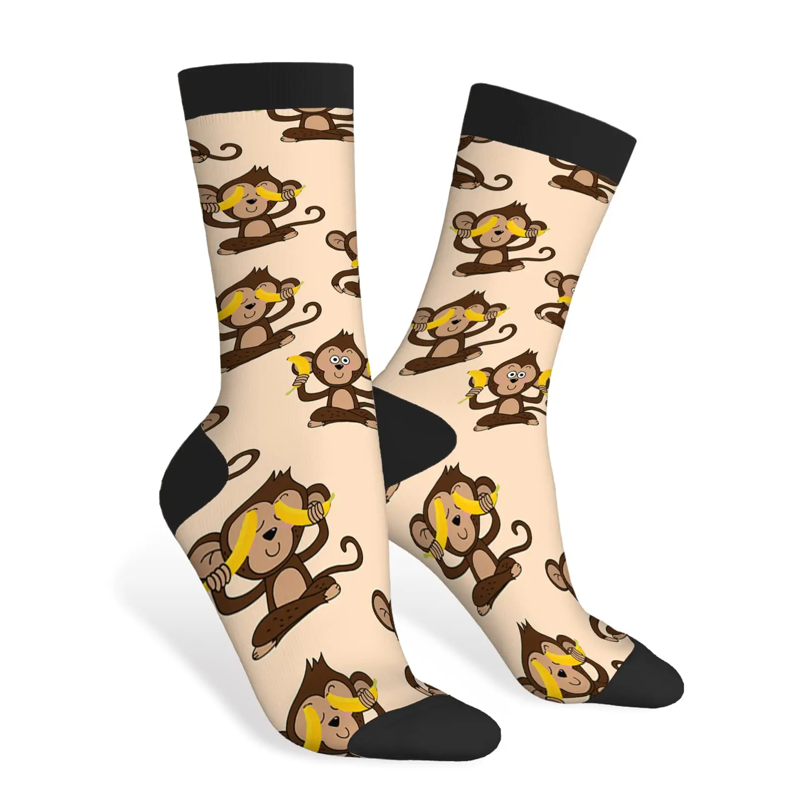 Cartoon Monkey Funny Socks Cute Animal Wildlife Monkeys and Banana Casual Crew Socks Contrast Color Design for Women Men Gift
