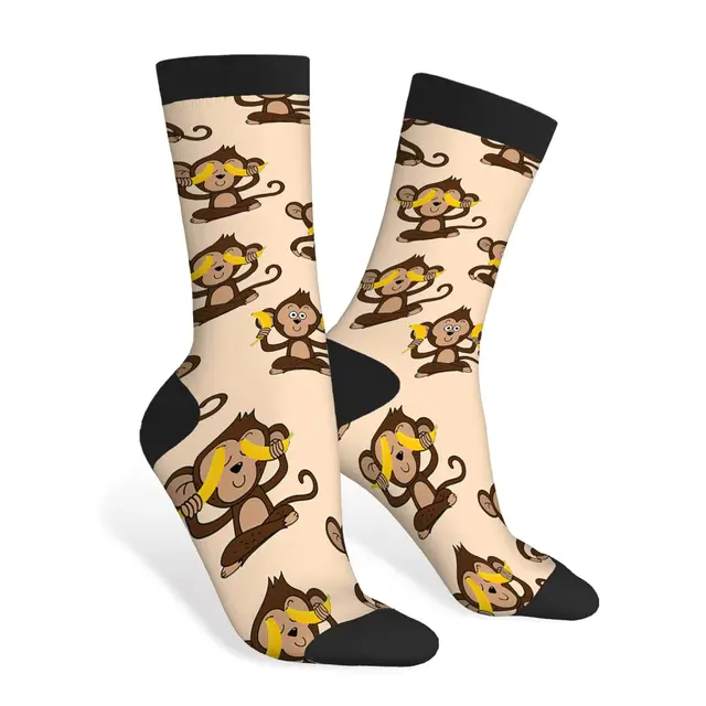 Cartoon Monkey Funny Socks Cute Animal Wildlife Monkeys and Banana Casual Crew Socks Contrast Color Design for Women Men Gift