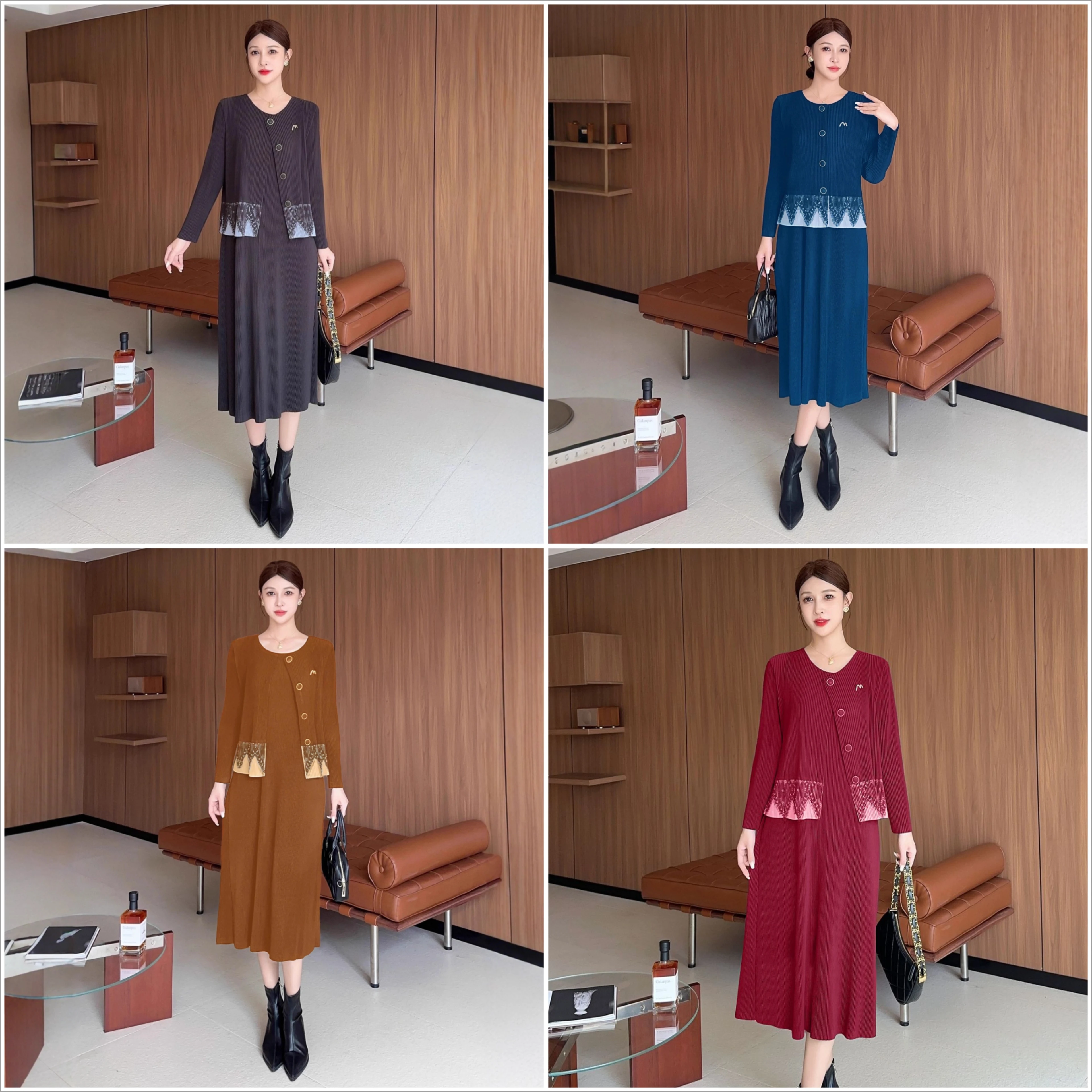 

Miyake Fold 2025 Autumn/Winter New Fold Fashion Set Round Neck Buckle Long Sleeve Coat with Inner Dress Two Piece Set Pleated