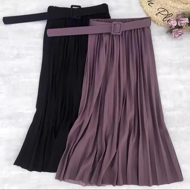 

Seoulish High Waist Pleated Midi Skirts with Belted 2024 New Spring Summer Elegant Solid Umbrella A-Line Skirts Ladies Korean