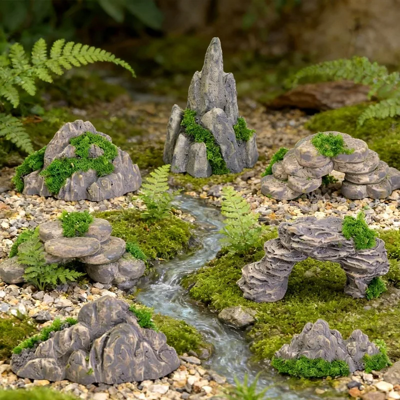 Mini Fake Rock Miniature Mountain Simulation Stone Statue Micro Landscape Ornament Garden Figurine for Bonsai Moss Decoration