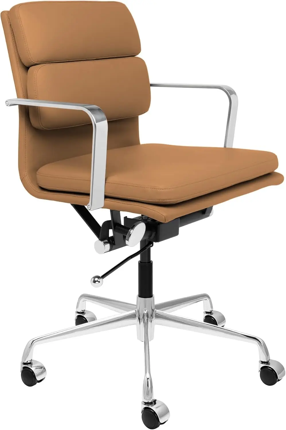 Padded Management Office Chair - Mid Back Desk Chair with Arm Rest, Swivel & Cushion Availability,Made of Faux Leather Tan Chair