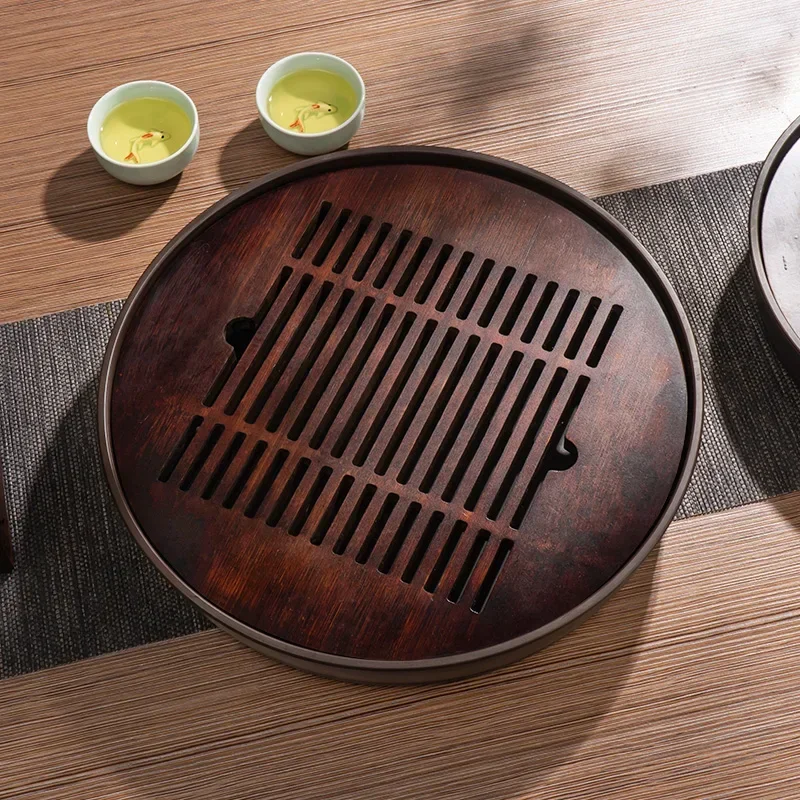 Water Retaining Chinese Bamboo Serving Tray Circular Reusable Tea Platter for Coffee Beverage Kettle Home Kitchen Dining Bar