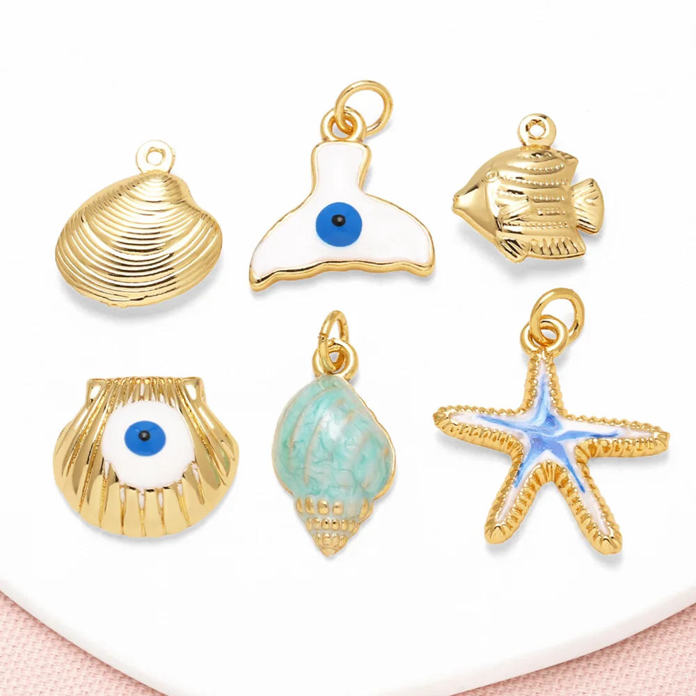OCESRIO White Enamel Blue Eye Whale Tail Charms for Bracelet Copper Gold Plated Conch Seastar Fish Keychain Purse Charm chma449