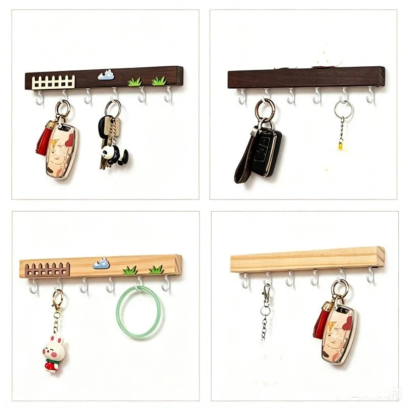 Wooden Wall Mounted Coat Hook Rack 6 Heavy Duty Hooks Cute Cartoon Pattern Wall Hanger for Kids Bathroom Decor