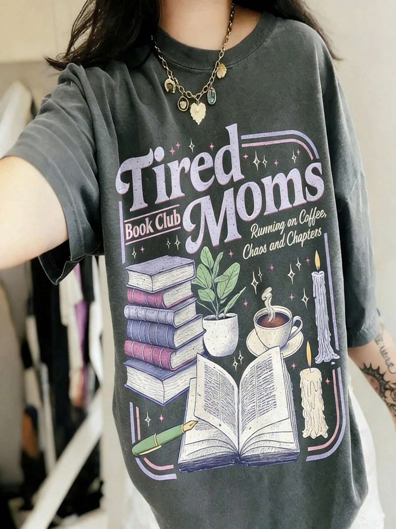 Retro Reading Club T-shirt Exhausted Mom Reading Theme T-shirt Book Enthusiast Gift Casual Retro Reading Shirt