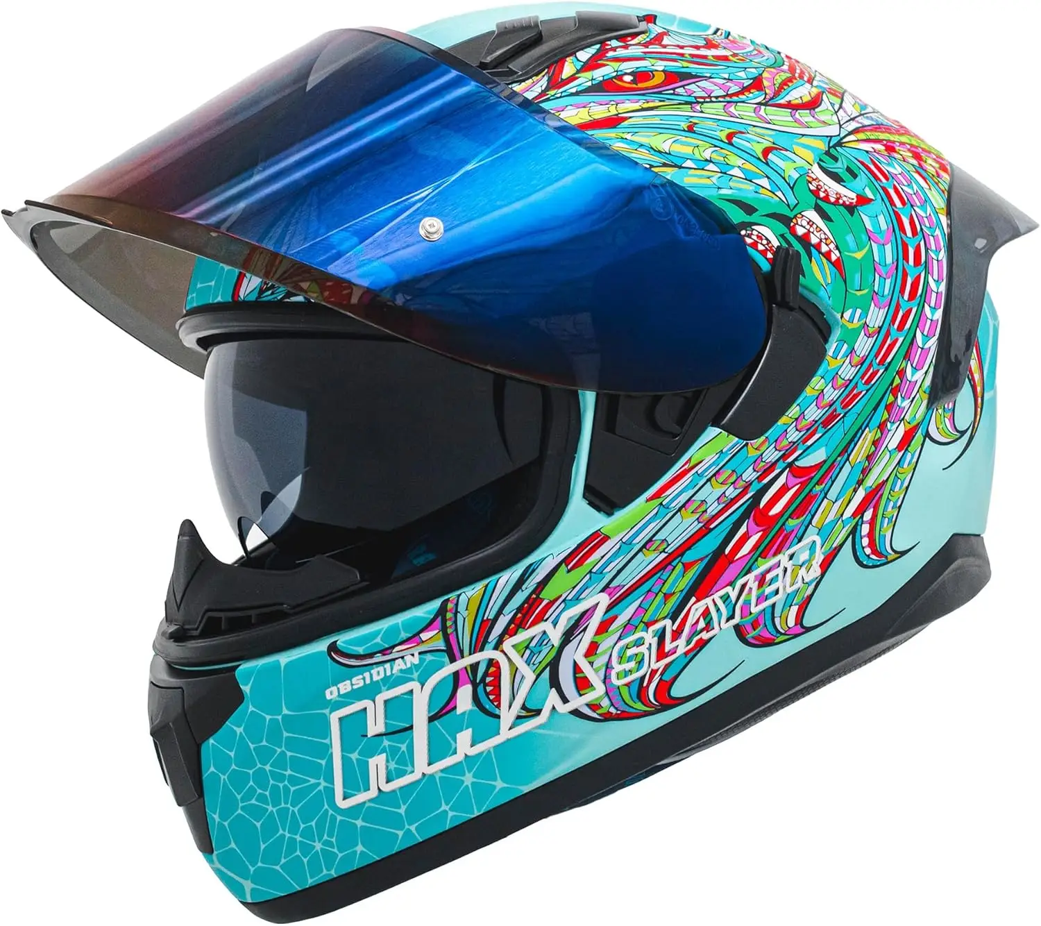 

Obsidian Full Face Dual Visor Adult Motorcycle Helmet for Motorbike Street Bike with Pinlock Ready DOT Approved SLAYER TURQUOISE
