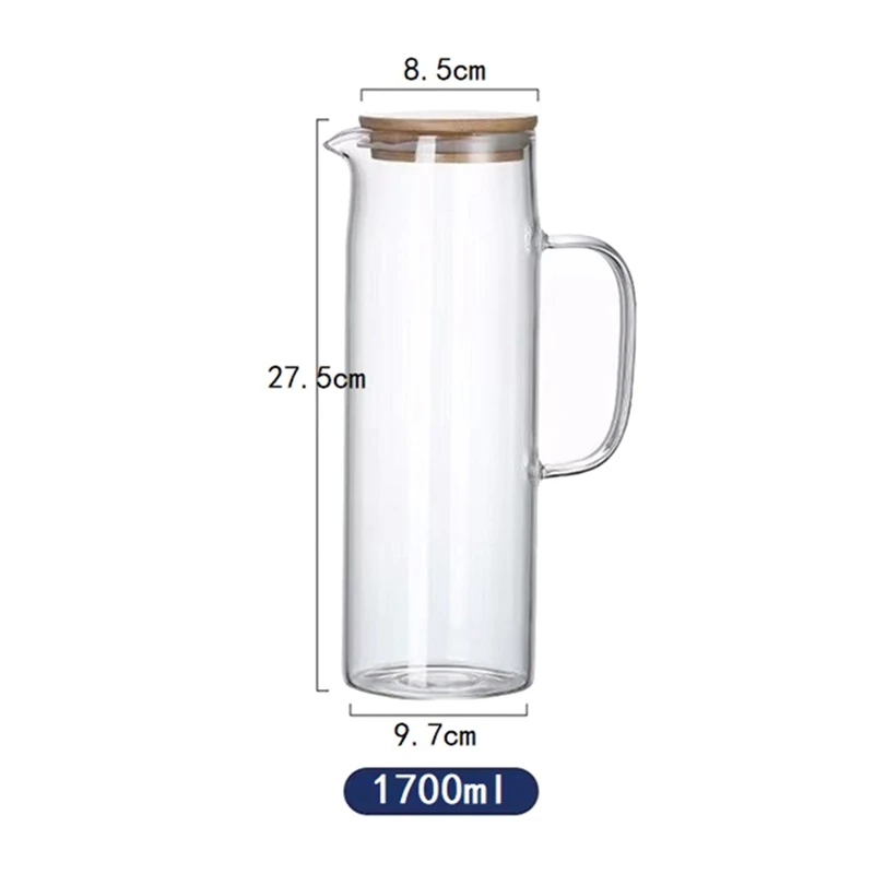 1.7L Glass Water Pitcher With Handle Bamboo Lid Heat Resistant Cold Hot Kettle Capacity Tea Pitcher Water Juice Jug