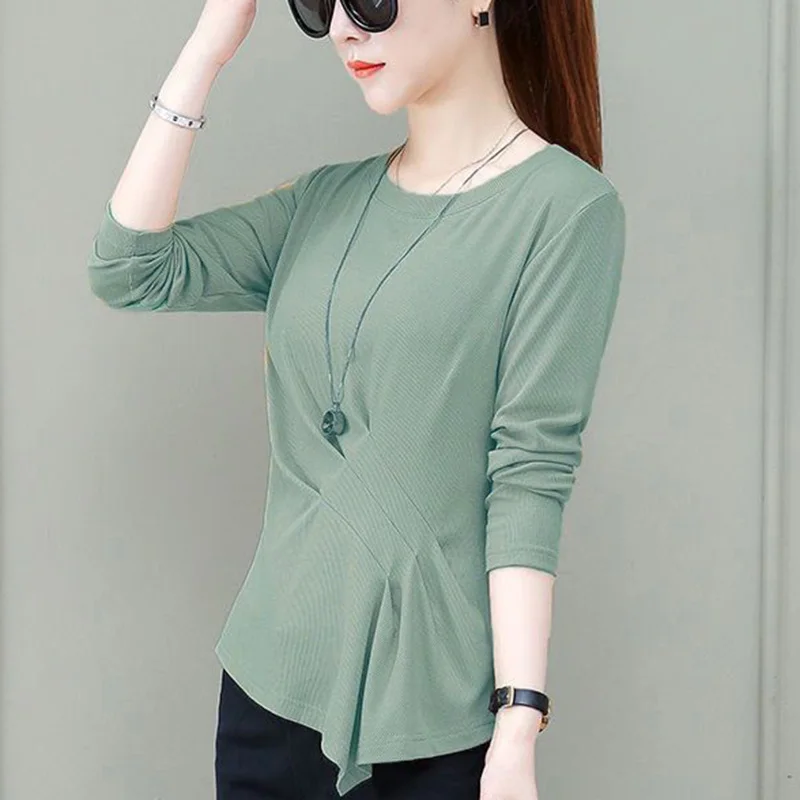 Fashion Solid Color Loose Folds Irregular T-Shirt Female Clothing 2023 Autumn New Casual Pullovers Tops Asymmetrical Tee Shirt