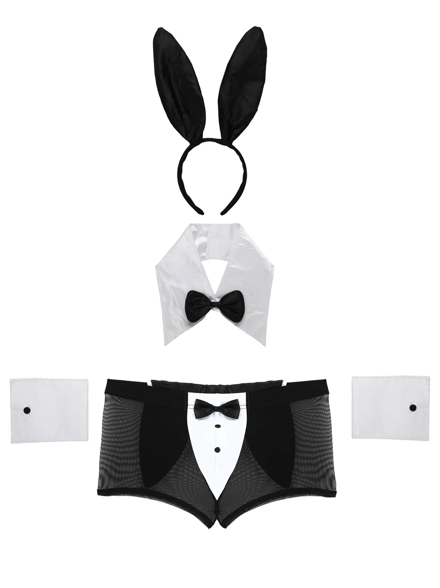 Mens Lingerie Set See Through Rabbit Ears Boxer Briefs Naughty Underwear with Headband Carnival Halloween Bunny Cosplay Costume