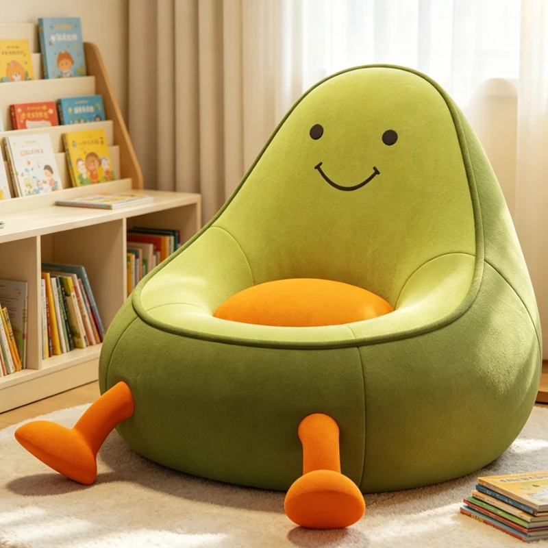 Cute Avocado Shaped Bean Bag Chair with Smile Face Orange Legs Soft Plush Floor Sofa for Bedroom Living Room Reading Nook