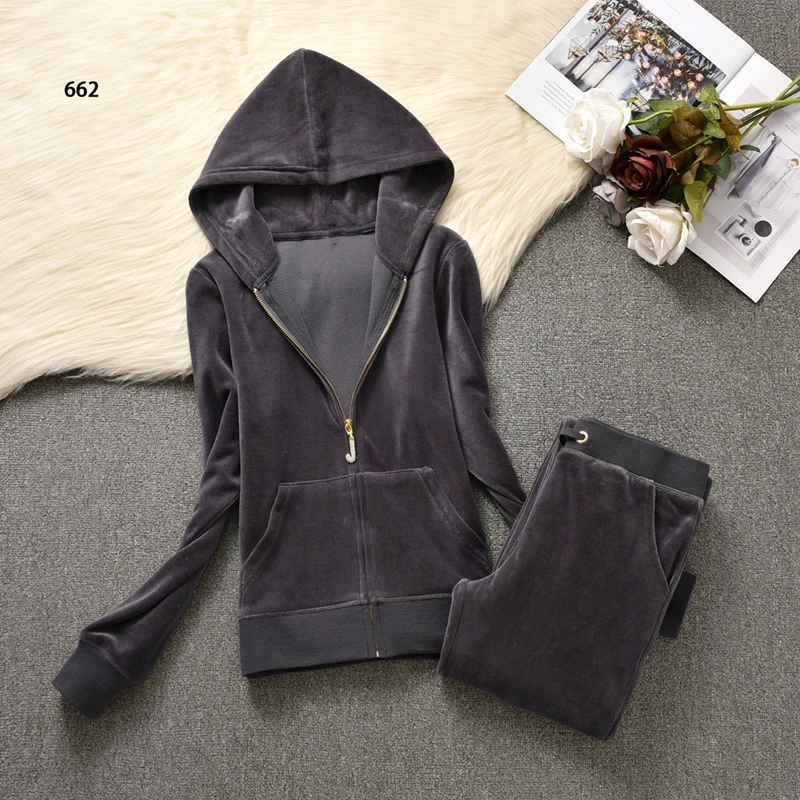 Velvet Tracksuit Women\'s Hooded Jacket and Pants Suit Spring Autumn Long Sleeve Velours Sportswear Two Piece Set