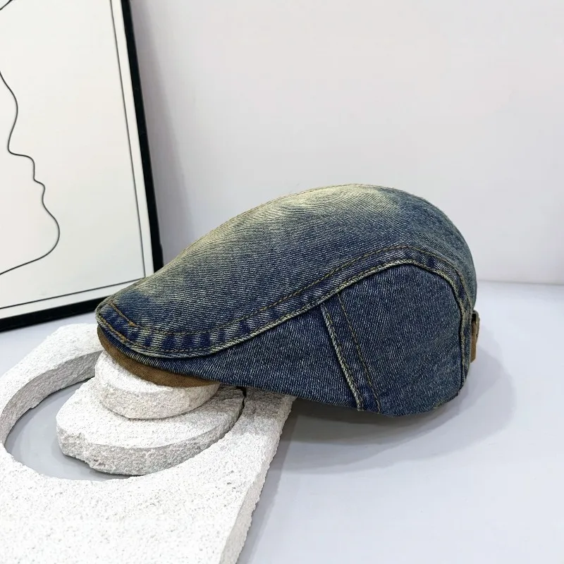 Retro Washed Denim Beret - Casual Turnback Cap for Big Heads, Face-Slimming Japanese Vintage Style, Everyday Versatile Hat