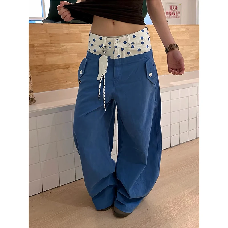 ZHIZOU Women's Baggy Y2k Blue Jeans Harajuku Vintage Denim Trouser Japanese 2000s Style Oversize Dot Jeans Pants Clothes Autumn