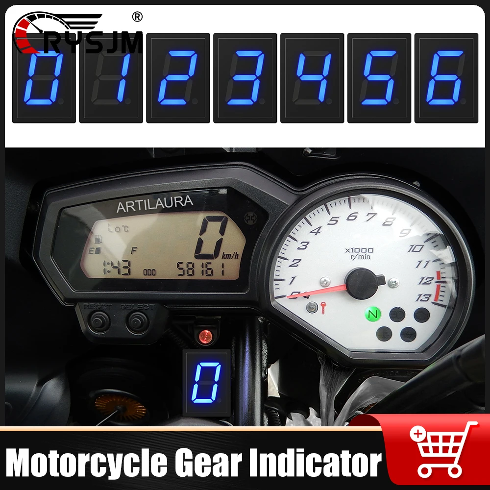 

RYSJM Motorcycle Gear Indicator 6 Speed Digital Motorcycle Display Blue LED Motocross Off-road Neutral Gear Indicator Monitor
