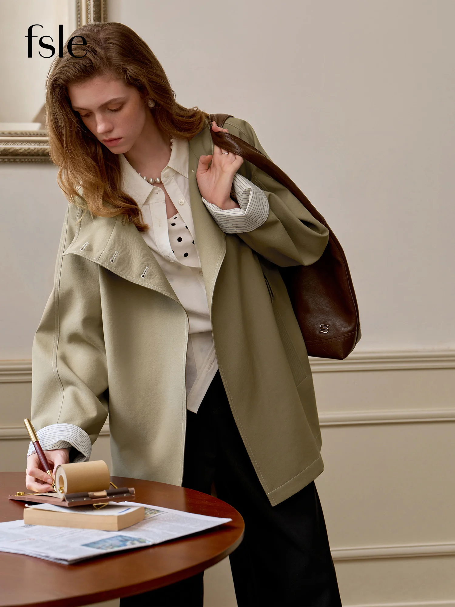 FSLE Stand-up Collar Diagonal Placket Color-blocked Design Raglan Sleeve Trench Coat 2026 Autumn New Style Khaki Coat