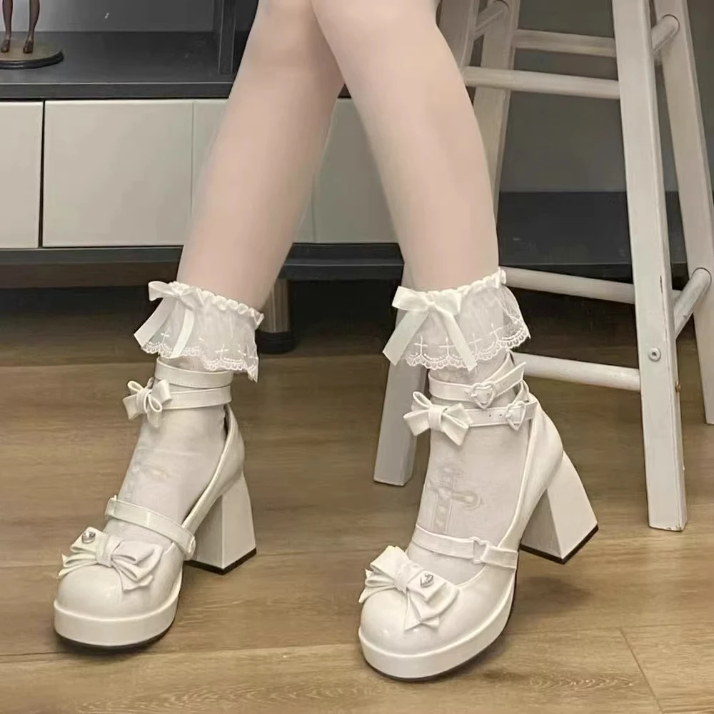 أحذية لوليتا الحلوة الوردي Kawaii القوس الكعوب الفتيات منصة الفتيات أحذية واحدة الصيف كعب عالي مكتنز مضخات الأصلي #5