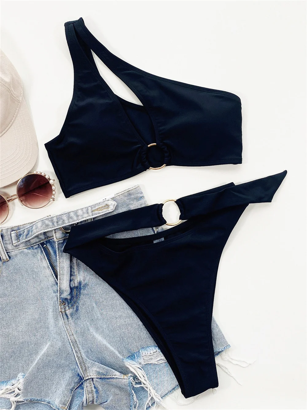 One Shoulder Hollow Out Bikini High Waist Rings Bandage Swimsuit Push Up Black Bikinis Swimwear Women Beach Outfit Bathing Suits