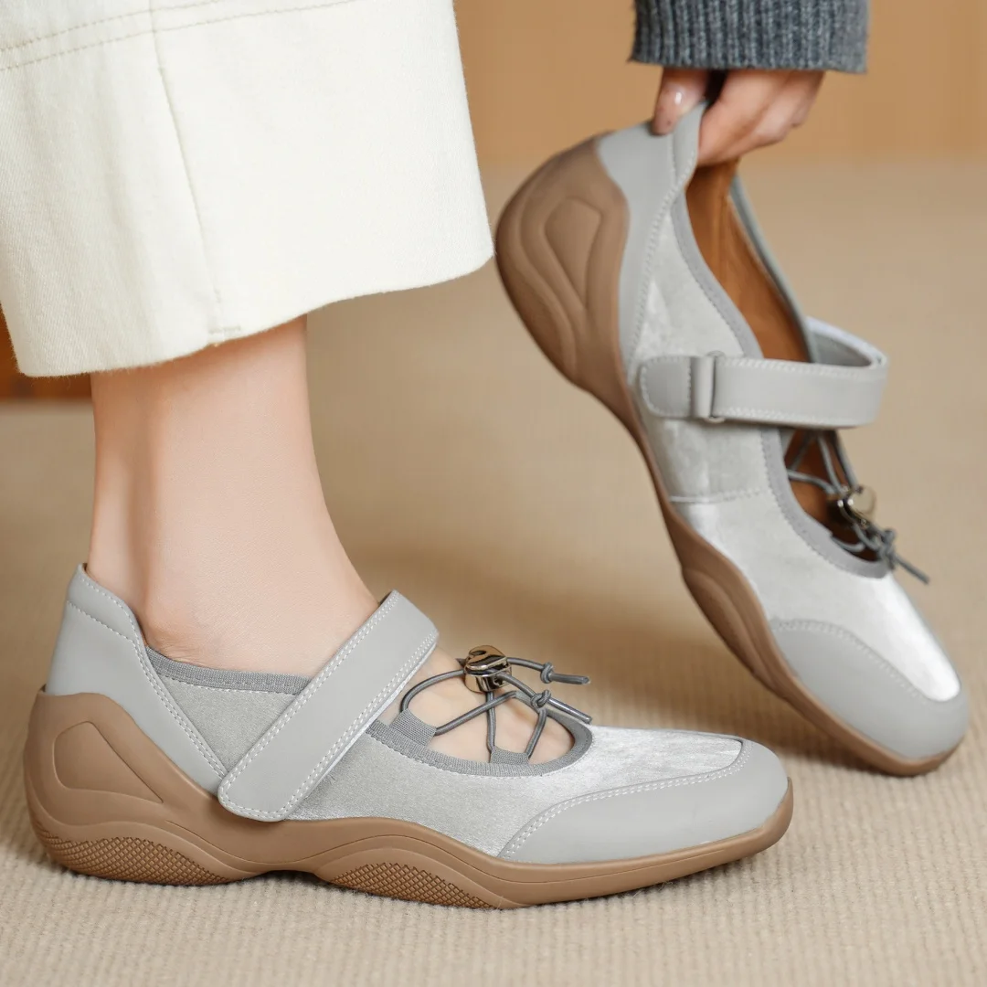 

Women's genuine leather patchwork narrow band hook&loop square toe slip-on Mary Jane flats sneakers casual female soft shoes 40