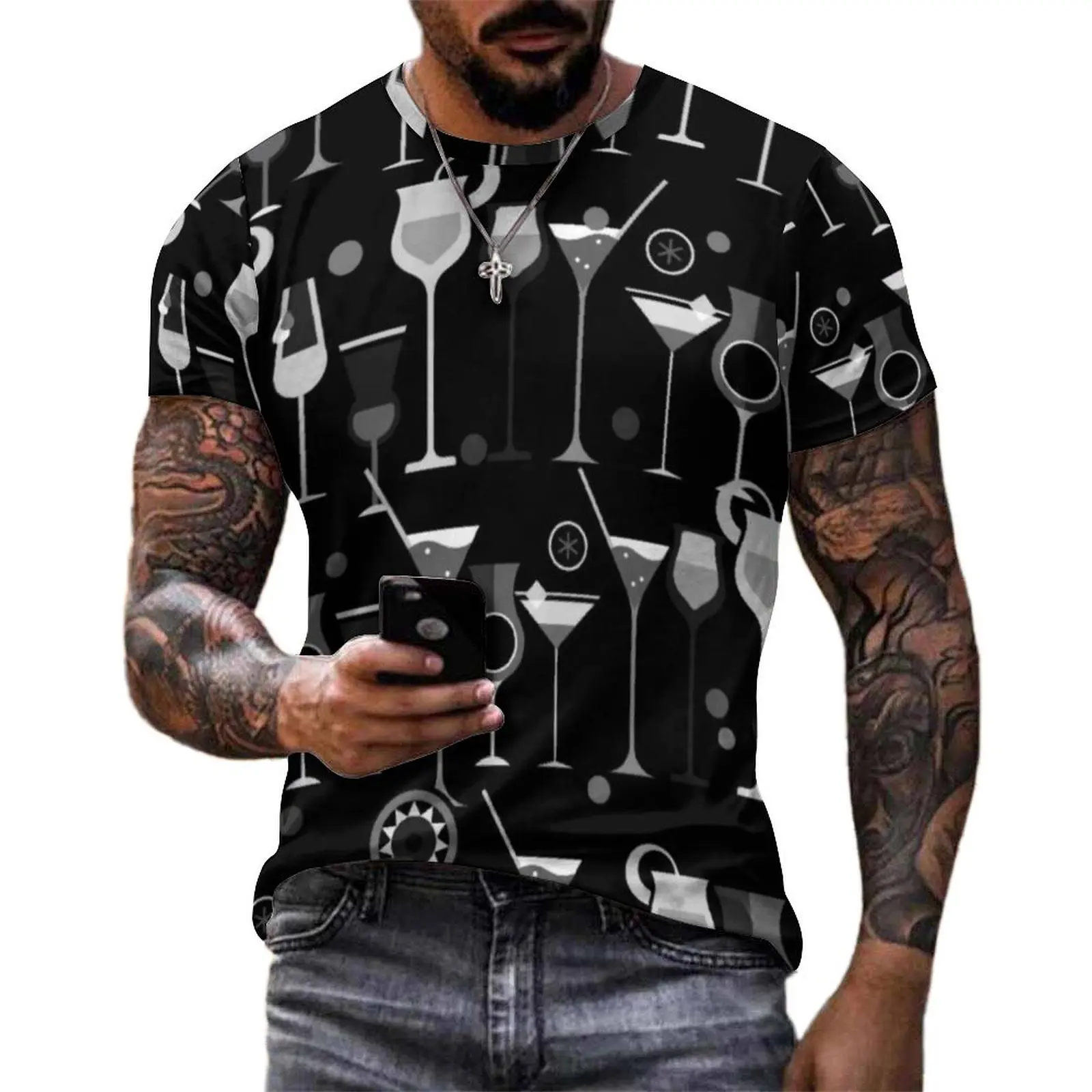 Funny Wine Print T Shirt Vintage Cocktail Trendy T-Shirts Men Streetwear Tshirt Summer Short Sleeves Pattern Tees Plus Size 6XL