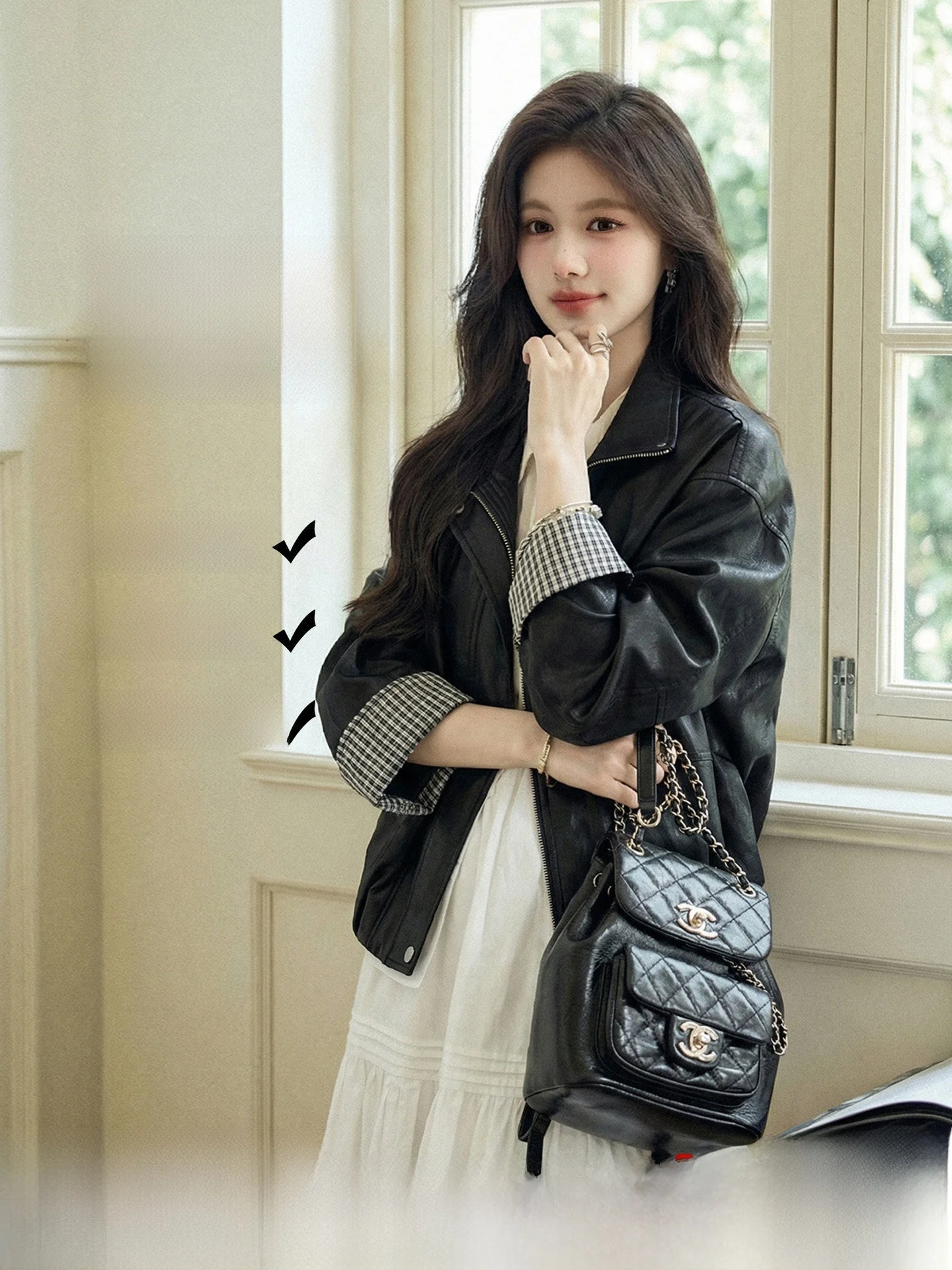 

Sweet And Cool Sle ort Bla Leather Jaet for Women Spring 2026 New Arrival Sve Zipper Design Straight Tube pe