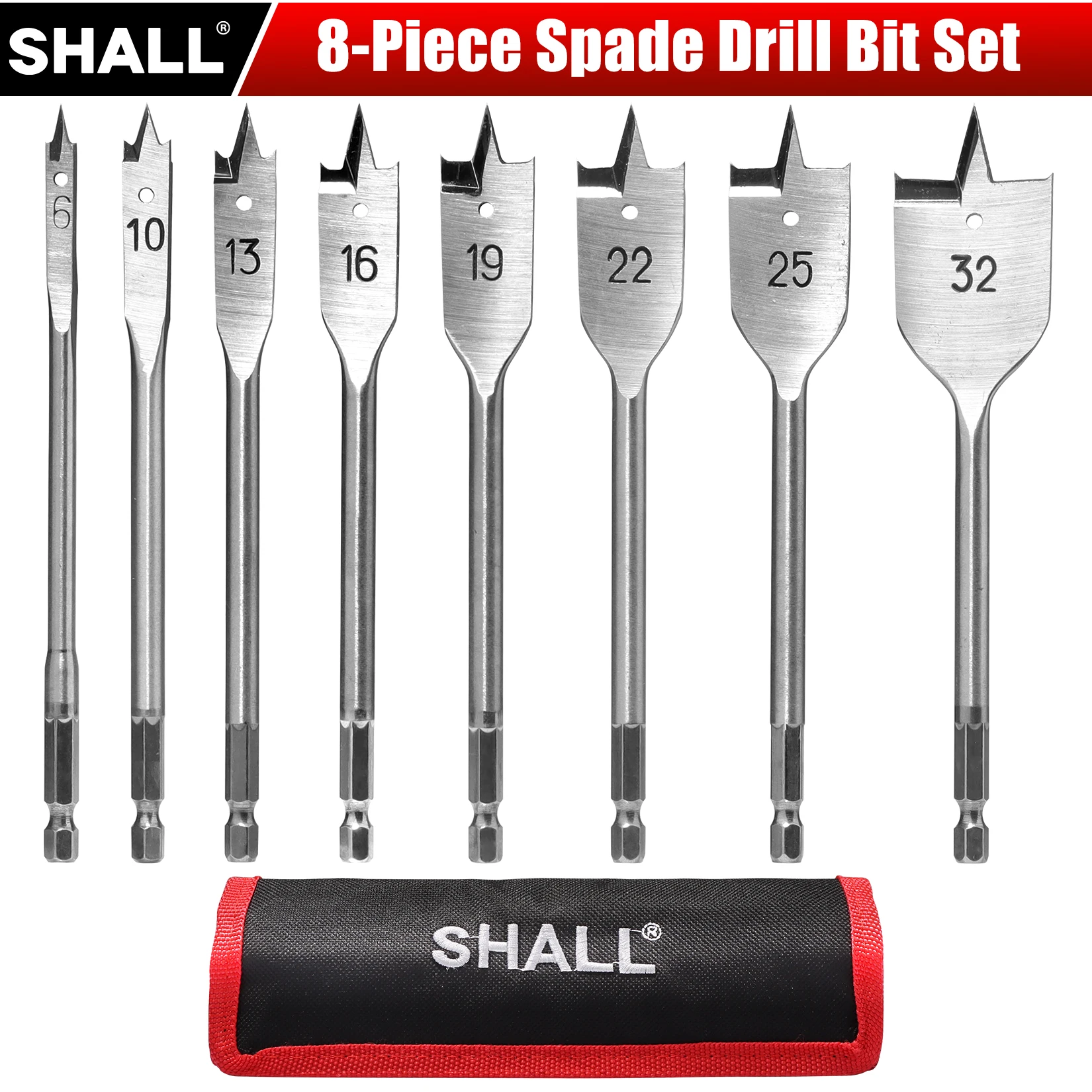 SHALL 8-Piece Spade Drill Bit Set with Pouch High-carbon Steel Wood Flat Drill Set 6-32mm Metric Paddle Flat Bit Set