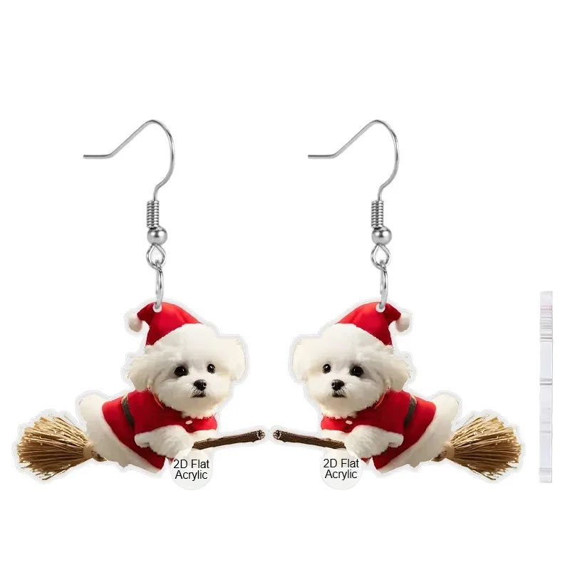 White Dog Acrylic Flat Earrings New Product Christmas Broom Fashion Jewelry Accessory Fashionable Christmas Women's Earrings