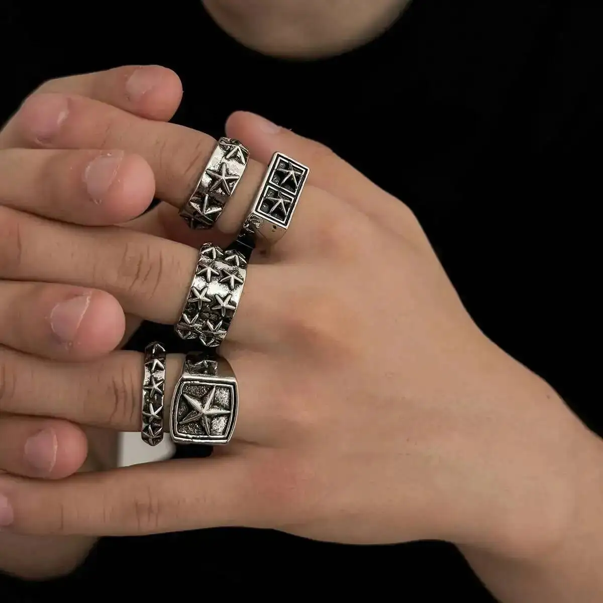 

KunJoe 5 Pcs/Set Goth Ancient Silver Color Open Rings for Men 2026 Trend Vintage Metal pentagram Finger Ring Male HipHop Jewelry