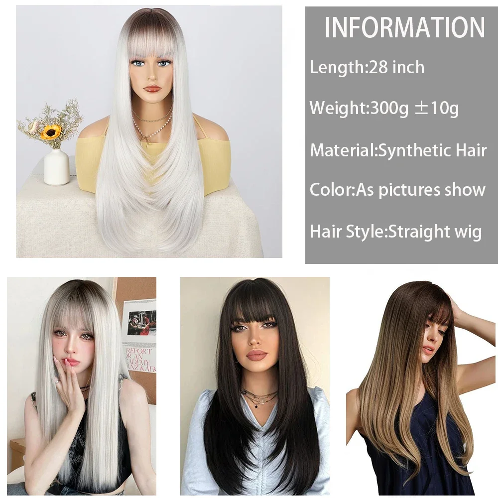 White Layered Wigs for Women Long Natural Straight Wig with Bangs Black Synthetic Heat Resistant Fake Hair Cosplay Wig Lolita