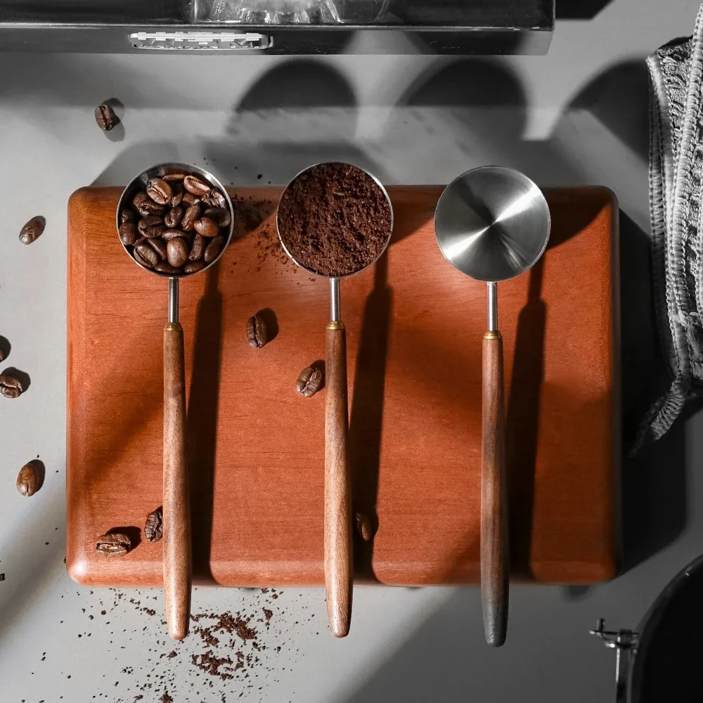 

304 Stainless Steel Coffee Bean Measuring Spoons Long Handle Walnut Handle Coffee Powder Measuring Spoon 3/8/23ML Coffee Scoop