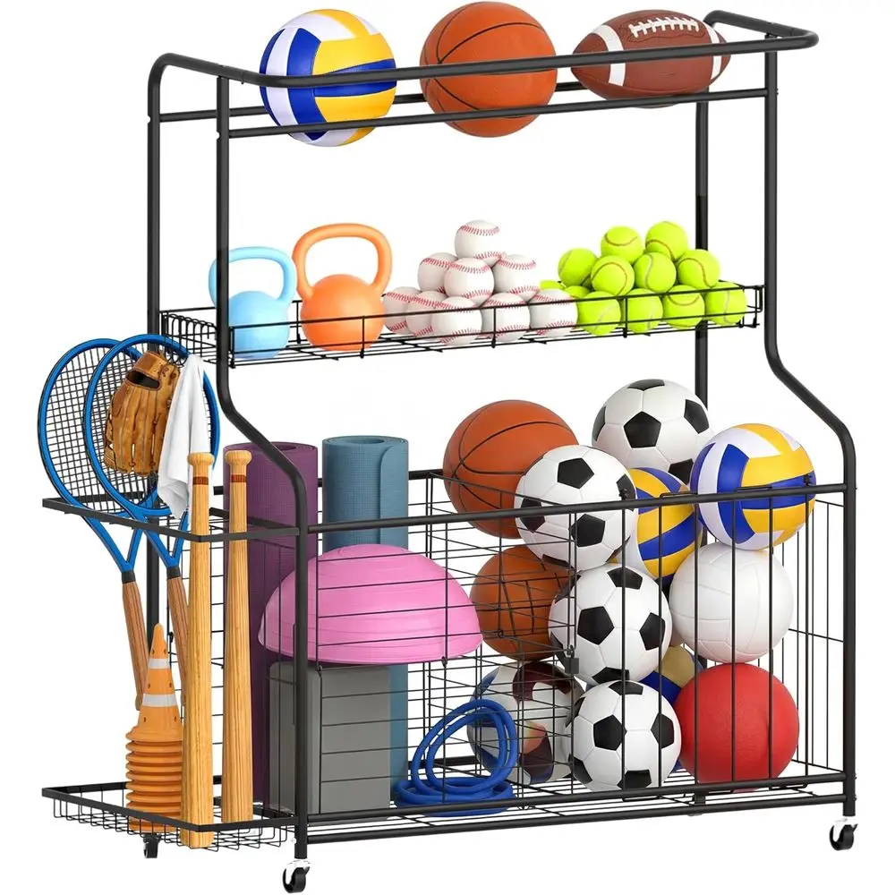 

Sturdy Rolling Storage Rack with Ball Holder for Garage, Large Capacity Cart for Outdoor Toys and Storage Solutions