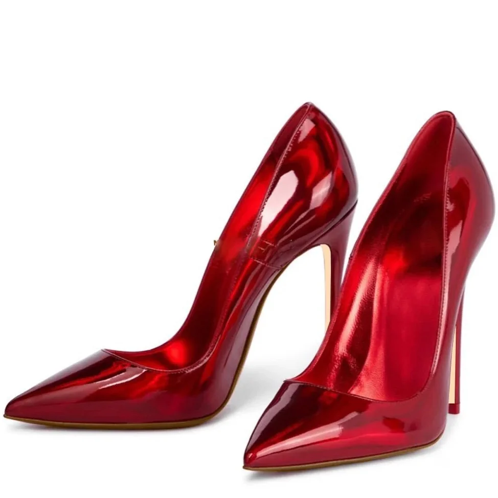 Glossy Red Pointed Toe Patent Leather High Heel Pumps Women Sexy Elegant Stiletto Heel Slip On 12Cm Luxury Party Dress Shoes