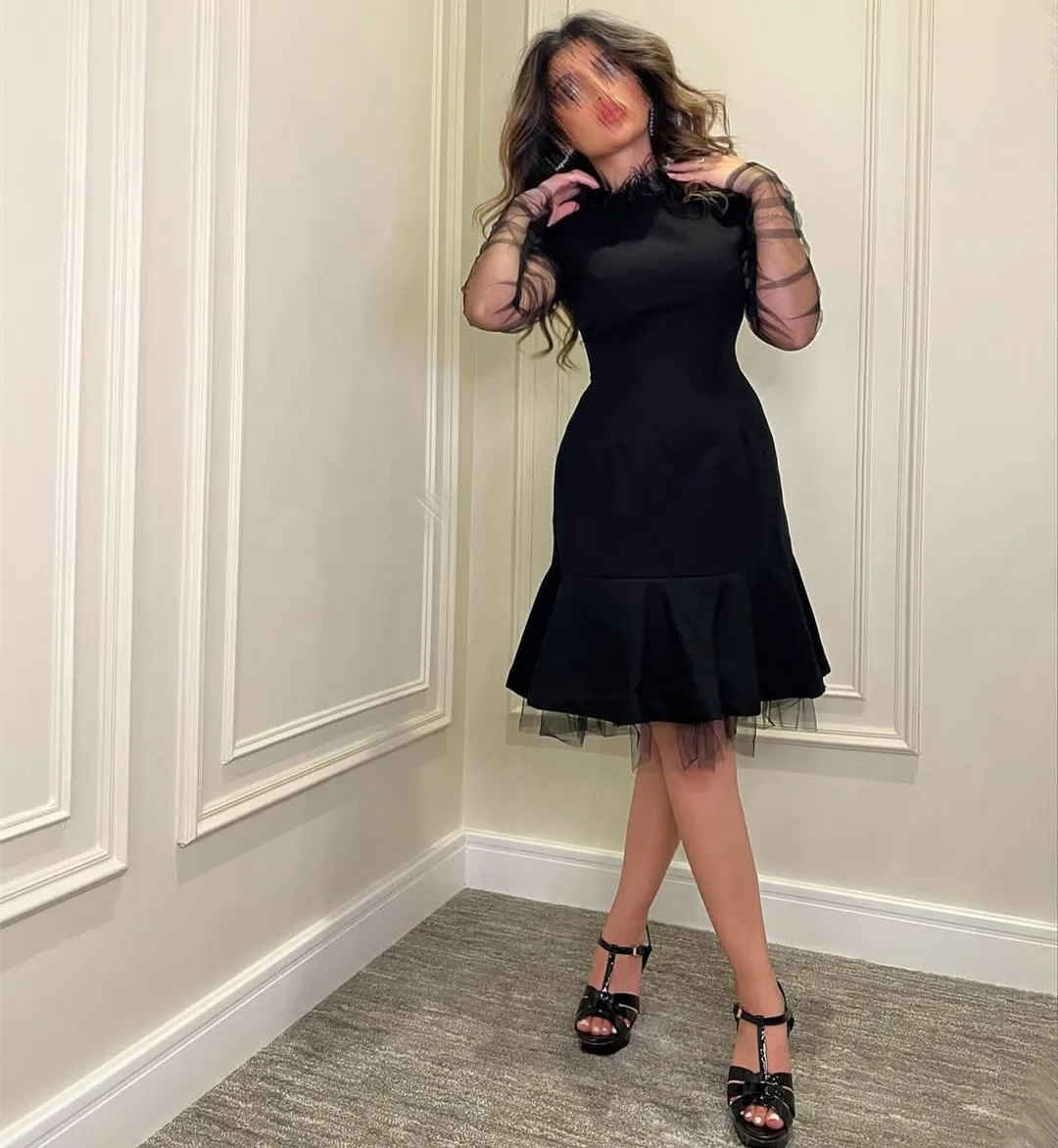 Short Black High Neck Evening Dress With Feather فساتين السهرة A-Line Long Sleeve Tea Length Prom Dress Robe de soirée for Women