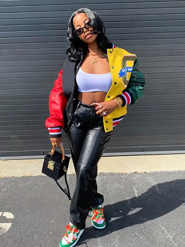 

Women Patchwork Contrast Color Letter Embroidery Jackets 2025 Fashion Single Breasted Coat Female Full Sleeve Streetwear XS-4XL