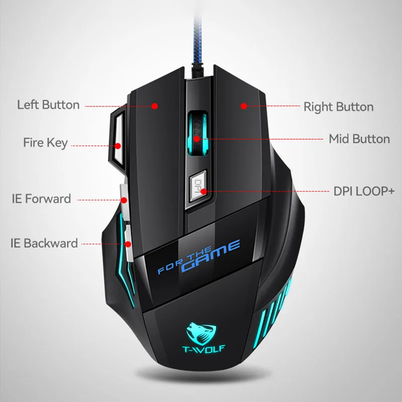 Przewodowa mysz gamingowa 2400DPI, regulowana, ergonomiczna, 7 przycisków, 7-kolorowe podświetlenie LED z efektem oddychania, myszki Mecha do notebooka, laptopa, PC. — zdjęcie produktu 5