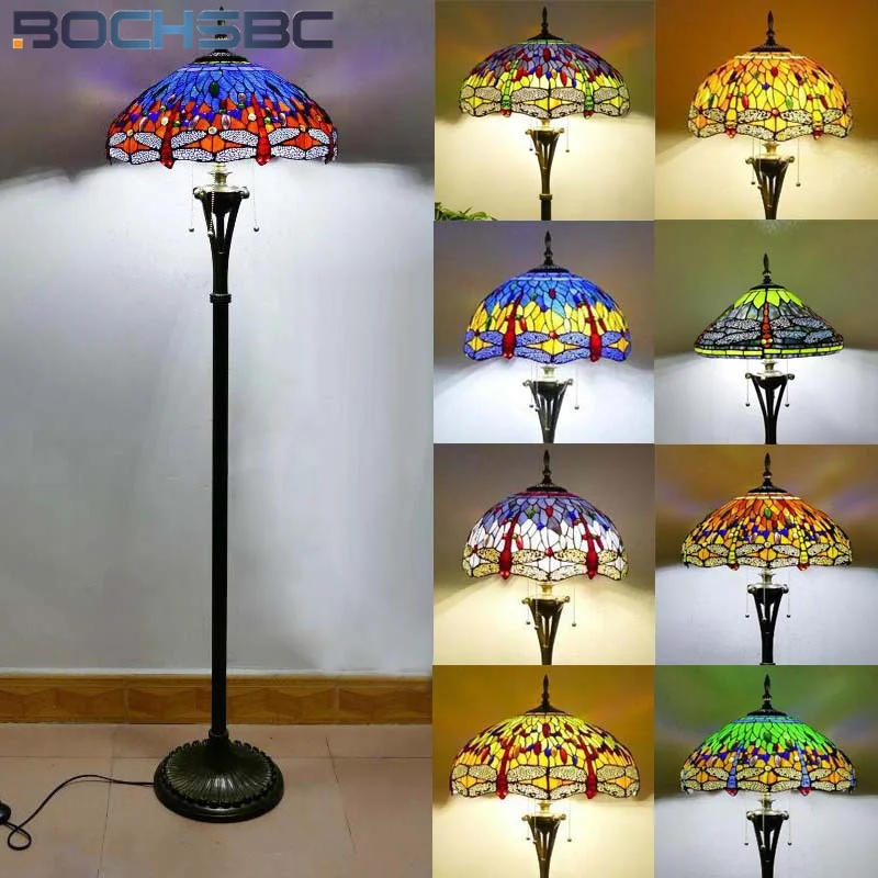 

BOCHSBC Tiffany style stained glass yellow Dragonfly retro floor lamp for bedroom study cafe living room standing lamp LED decor